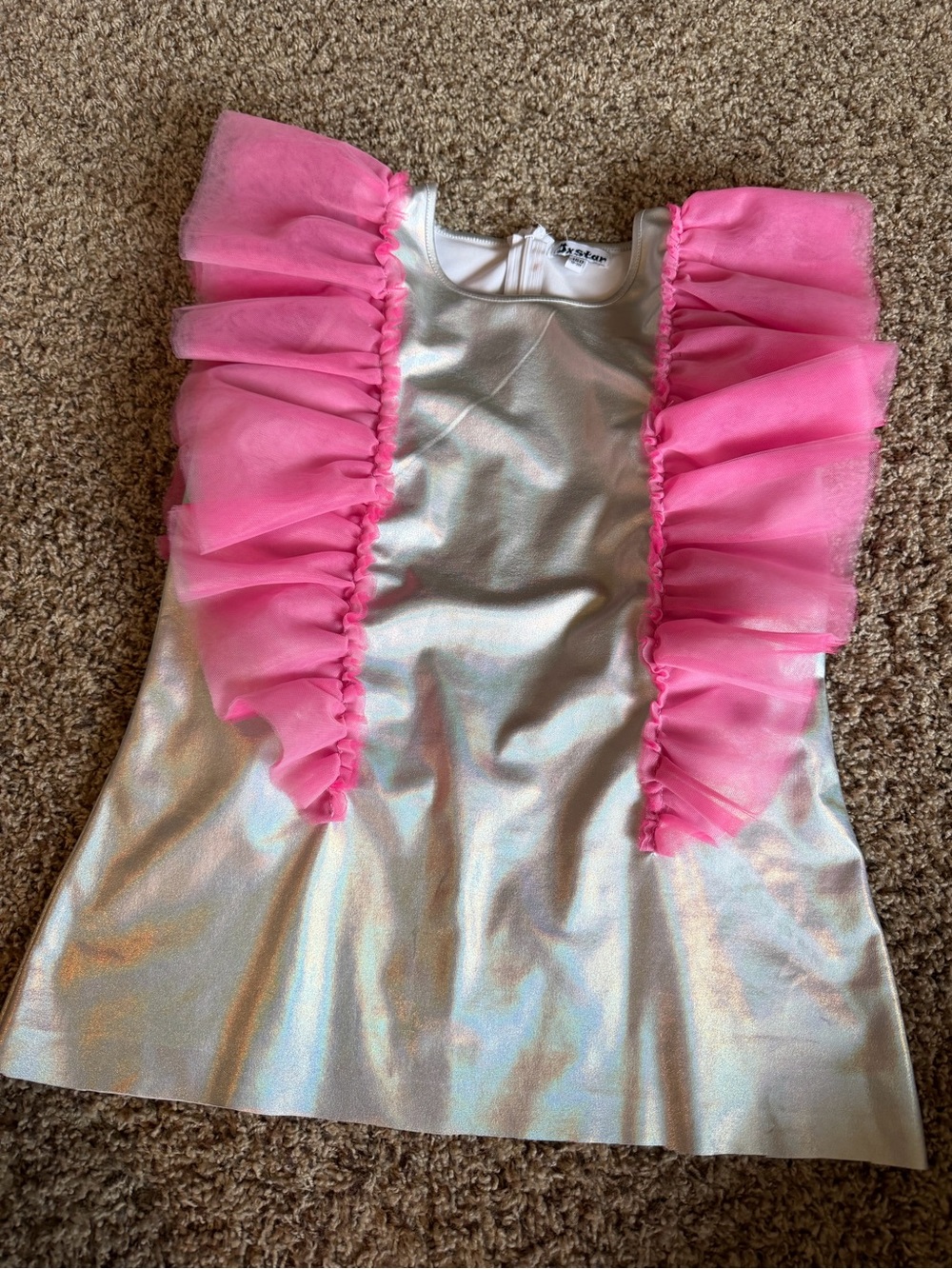 Girls Iridescent Silver Party Top with Pink Ruffle Shoulders